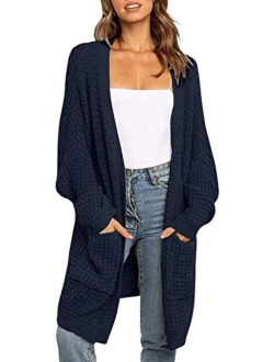 Women's Long Batwing Sleeve Open Front Chunky Knit Cardigan Sweater with Pockets