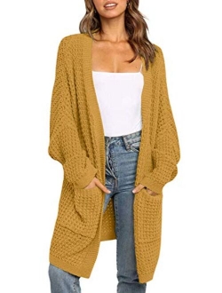 Women's Long Batwing Sleeve Open Front Chunky Knit Cardigan Sweater with Pockets