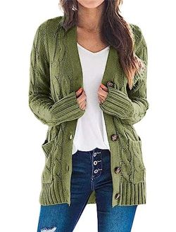 Womens Long Sleeve Open Front Knitted Cardigan Sweater Button Down Chunky Outwear Coat with Pockets