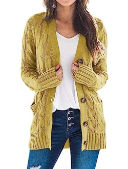 Womens Long Sleeve Open Front Knitted Cardigan Sweater Button Down Chunky Outwear Coat with Pockets