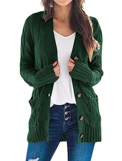 Womens Long Sleeve Open Front Knitted Cardigan Sweater Button Down Chunky Outwear Coat with Pockets