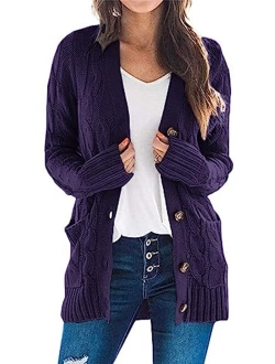 Womens Long Sleeve Open Front Knitted Cardigan Sweater Button Down Chunky Outwear Coat with Pockets