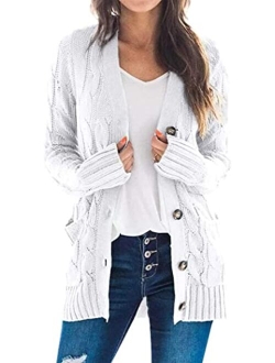 Womens Long Sleeve Open Front Knitted Cardigan Sweater Button Down Chunky Outwear Coat with Pockets