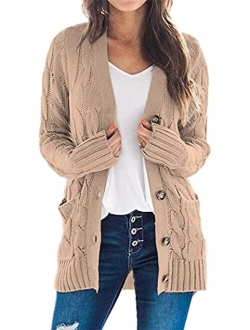 Womens Long Sleeve Open Front Knitted Cardigan Sweater Button Down Chunky Outwear Coat with Pockets