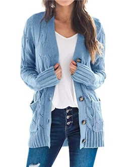 Womens Long Sleeve Open Front Knitted Cardigan Sweater Button Down Chunky Outwear Coat with Pockets