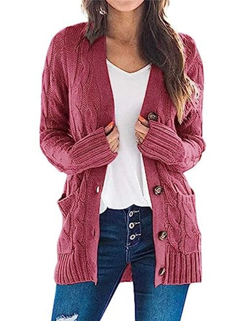 PRETTYGARDEN Women’s Long Sleeve Open Front Knitted Cardigan Sweater Button Down Chunky Outwear Coat with Pockets