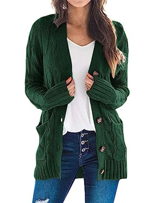 PRETTYGARDEN Women’s Long Sleeve Open Front Knitted Cardigan Sweater Button Down Chunky Outwear Coat with Pockets