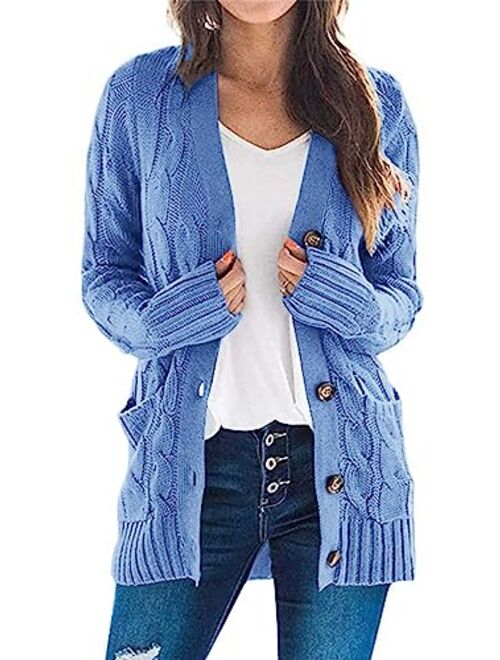 PRETTYGARDEN Women’s Long Sleeve Open Front Knitted Cardigan Sweater Button Down Chunky Outwear Coat with Pockets