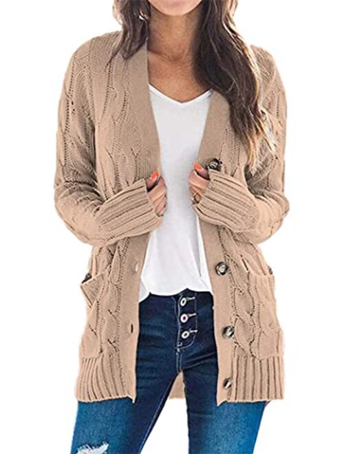 PRETTYGARDEN Women’s Long Sleeve Open Front Knitted Cardigan Sweater Button Down Chunky Outwear Coat with Pockets