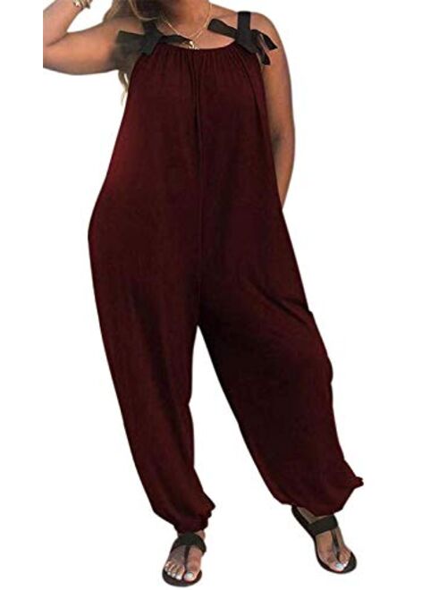 LAMISSCHE Womens Casual Solid Color Loose Fit Baggy Harem Overall Jumpsuit Sleeveless Spaghetti Strap Long Pants Rompers