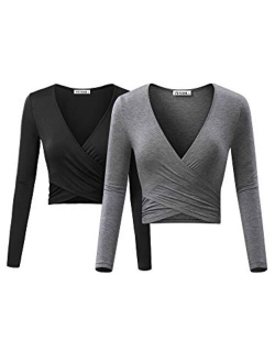 VETIOR Women's Deep V Neck Long Sleeve Unique Slim Fit Cross Wrap Shirts Crop Tops