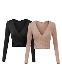 VETIOR Women's Deep V Neck Long Sleeve Unique Slim Fit Cross Wrap Shirts Crop Tops