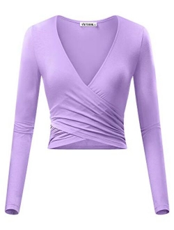 VETIOR Women's Deep V Neck Long Sleeve Unique Slim Fit Cross Wrap Shirts Crop Tops