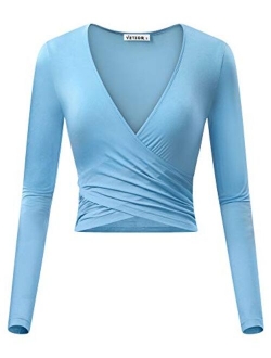 VETIOR Women's Deep V Neck Long Sleeve Unique Slim Fit Cross Wrap Shirts Crop Tops