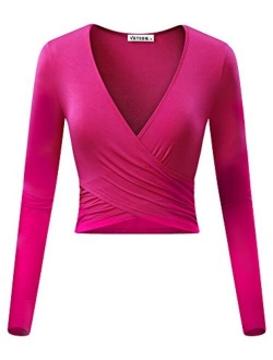 VETIOR Women's Deep V Neck Long Sleeve Unique Slim Fit Cross Wrap Shirts Crop Tops