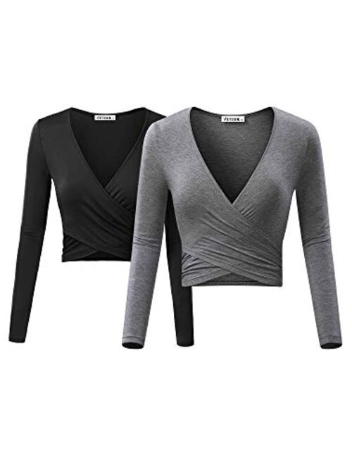 VETIOR Women's Deep V Neck Long Sleeve Unique Slim Fit Cross Wrap Shirts Crop Tops