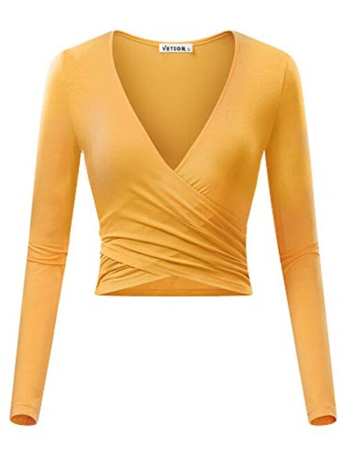 VETIOR Women's Deep V Neck Long Sleeve Unique Slim Fit Cross Wrap Shirts Crop Tops