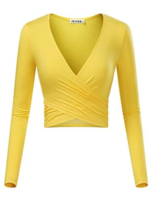 VETIOR Women's Deep V Neck Long Sleeve Unique Slim Fit Cross Wrap Shirts Crop Tops