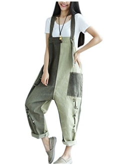 Flygo Women's Loose Baggy Cotton Wide Leg Drop Crotch Cropped Jumpsuit Rompers Overalls