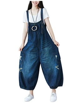 Flygo Women's Loose Baggy Cotton Wide Leg Drop Crotch Cropped Jumpsuit Rompers Overalls