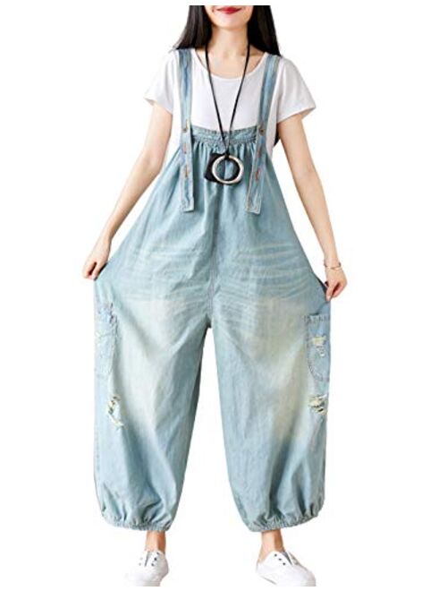 Flygo Women's Loose Baggy Cotton Wide Leg Drop Crotch Cropped Jumpsuit Rompers Overalls