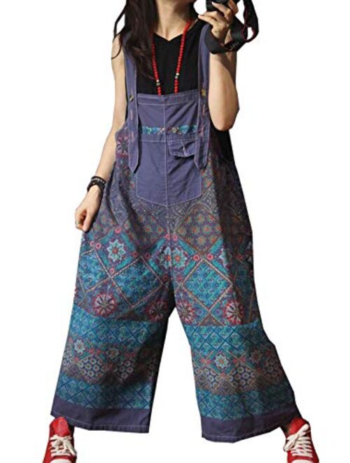 Flygo Women's Loose Baggy Cotton Wide Leg Drop Crotch Cropped Jumpsuit Rompers Overalls