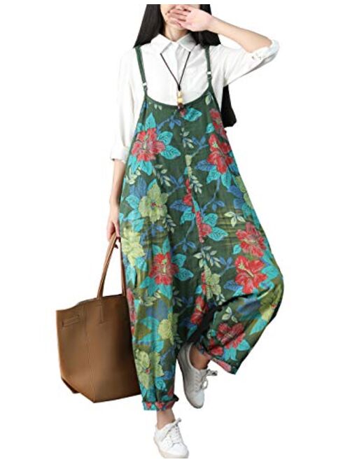 Flygo Women's Loose Baggy Cotton Wide Leg Drop Crotch Cropped Jumpsuit Rompers Overalls