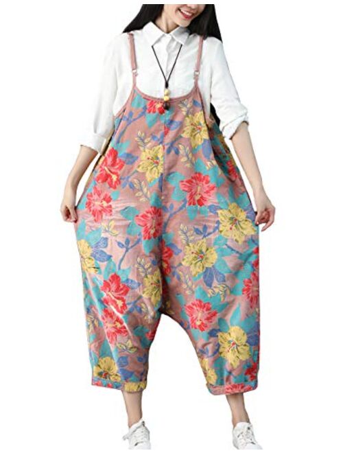 Flygo Women's Loose Baggy Cotton Wide Leg Drop Crotch Cropped Jumpsuit Rompers Overalls