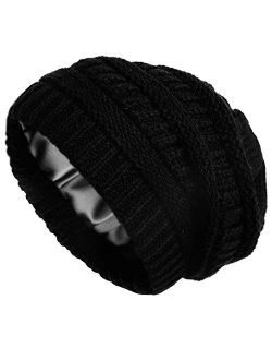 Winter Knit Beanie for Women Satin Lined Cable Thick Chunky Cap Mens Soft Slouchy Warm Hat