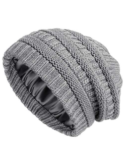 Winter Knit Beanie for Women Satin Lined Cable Thick Chunky Cap Mens Soft Slouchy Warm Hat