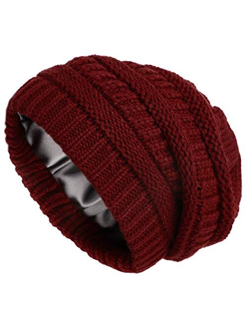 Winter Knit Beanie for Women Satin Lined Cable Thick Chunky Cap Mens Soft Slouchy Warm Hat