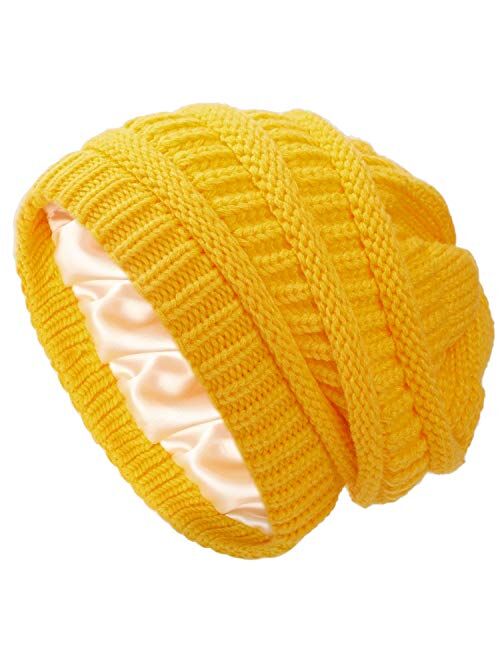 Winter Knit Beanie for Women Satin Lined Cable Thick Chunky Cap Mens Soft Slouchy Warm Hat