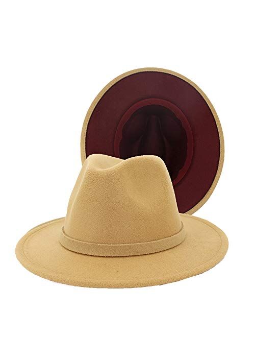 Eric Carl Wide Brim Fedora Hats for Women Dress Hats for Men Two Tone Panama Hat with Belt Buckle/Bowknot Band