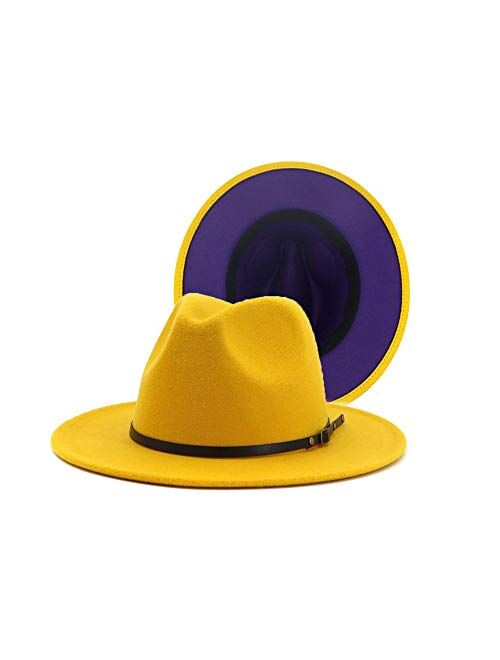 Eric Carl Wide Brim Fedora Hats for Women Dress Hats for Men Two Tone Panama Hat with Belt Buckle/Bowknot Band