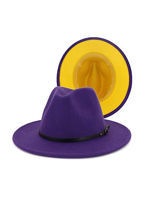 Eric Carl Wide Brim Fedora Hats for Women Dress Hats for Men Two Tone Panama Hat with Belt Buckle/Bowknot Band