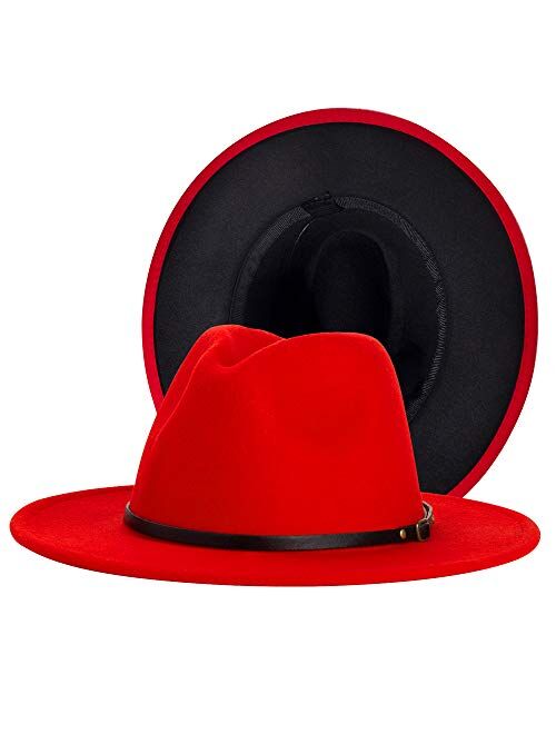 Eric Carl Wide Brim Fedora Hats for Women Dress Hats for Men Two Tone Panama Hat with Belt Buckle/Bowknot Band