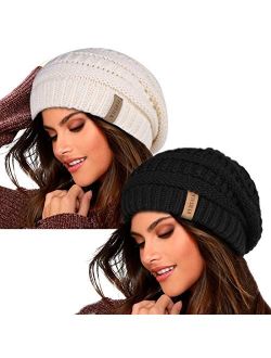 Knit Beanie Hats for Women Men Fleece Lined Ski Skull Cap Slouchy Winter Hat 2PCS