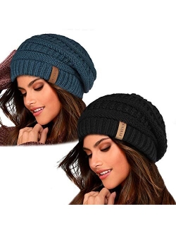 Knit Beanie Hats for Women Men Fleece Lined Ski Skull Cap Slouchy Winter Hat 2PCS