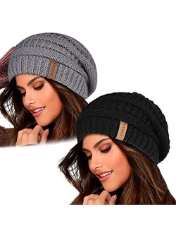 Knit Beanie Hats for Women Men Fleece Lined Ski Skull Cap Slouchy Winter Hat 2PCS