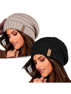 Knit Beanie Hats for Women Men Fleece Lined Ski Skull Cap Slouchy Winter Hat 2PCS