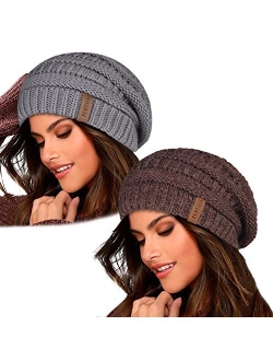 Knit Beanie Hats for Women Men Fleece Lined Ski Skull Cap Slouchy Winter Hat 2PCS