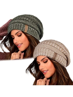 Knit Beanie Hats for Women Men Fleece Lined Ski Skull Cap Slouchy Winter Hat 2PCS