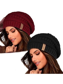 Knit Beanie Hats for Women Men Fleece Lined Ski Skull Cap Slouchy Winter Hat 2PCS