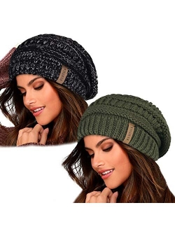 Knit Beanie Hats for Women Men Fleece Lined Ski Skull Cap Slouchy Winter Hat 2PCS