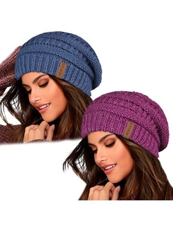 Knit Beanie Hats for Women Men Fleece Lined Ski Skull Cap Slouchy Winter Hat 2PCS