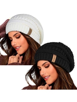 Knit Beanie Hats for Women Men Fleece Lined Ski Skull Cap Slouchy Winter Hat 2PCS