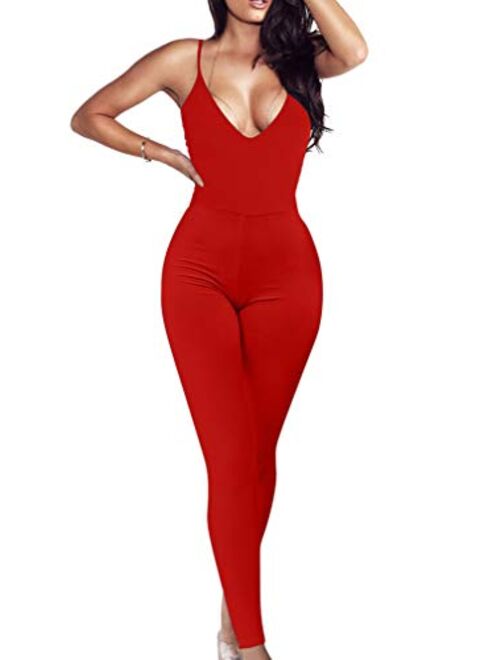 LAGSHIAN Women's Sexy V Neck Tank Sleeveless Elasitic Waist Jumpsuit Romper