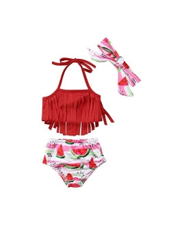 Toddler Kids Baby Girl Swimwear Cute Dinosaur Print Tassel Top Bikini Set Summer Swimsuit Beachwear with Headband