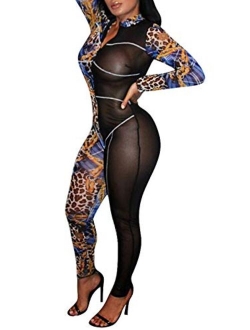 Uni Clau Women See Through Bodycon Jumpsuit - One Piece Deep V Neck Outfits Sheer Mesh Leopard Clubwear Jumpsuit Rompers