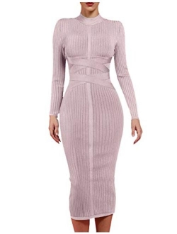 Women's Long Sleeves Cross Strap Ribbed Club Party Midi Bodycon Bandage Dress